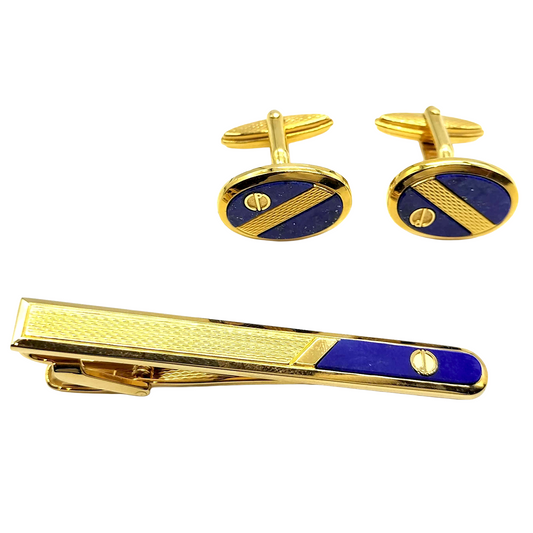 #1247 DUNHILL Cufflinks & Tie Clip Set: Gold-tone & Genuine Lapis Lazuli