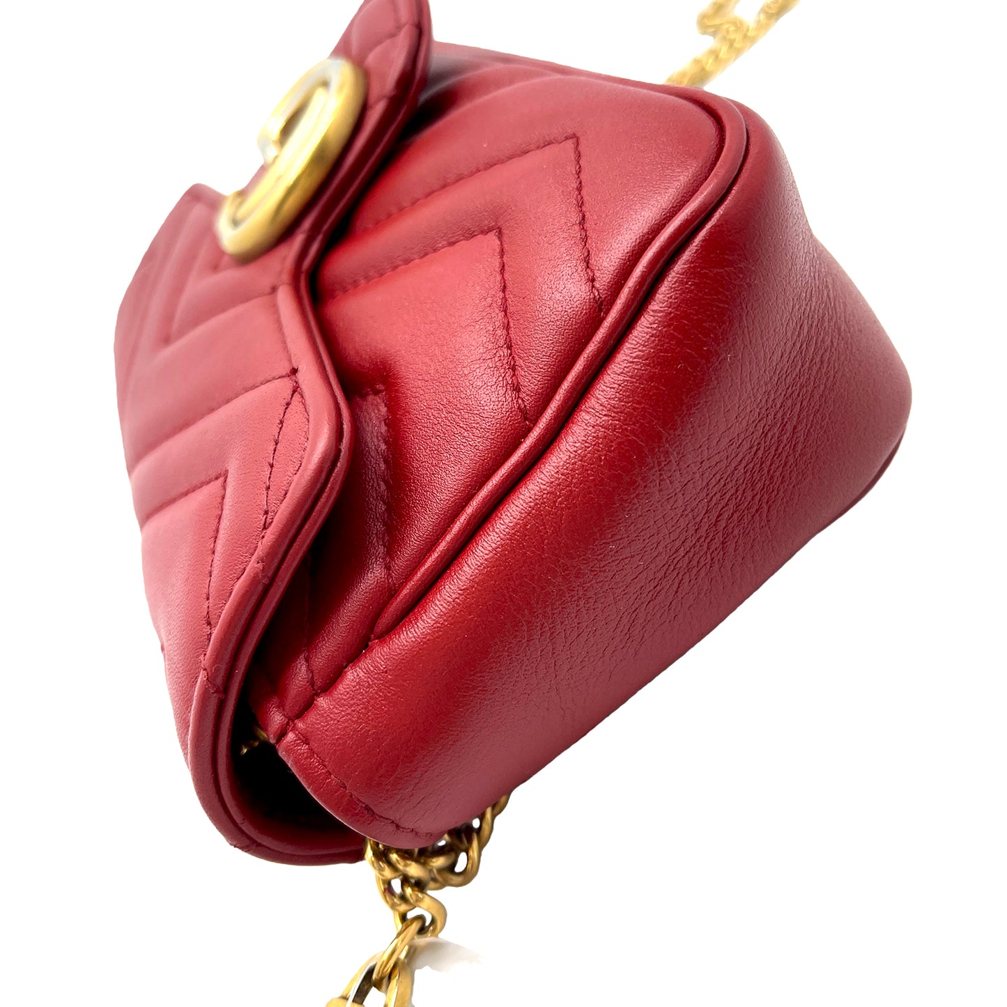 #1180 GUCCI Small GG Marmont Red Leather Matelassé Chevron Shoulder Bag