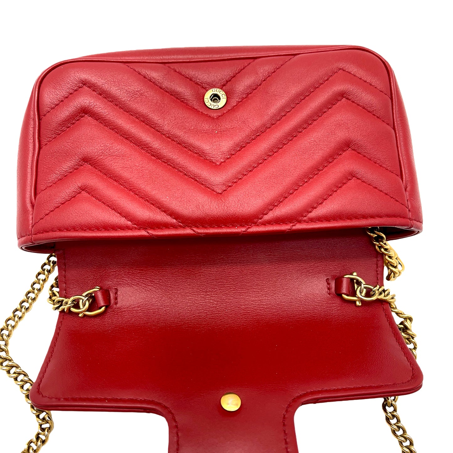 #1180 GUCCI Small GG Marmont Red Leather Matelassé Chevron Shoulder Bag