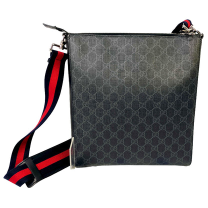 #1200 GUCCI Black GG Supreme Flat Messenger Web Crossbody