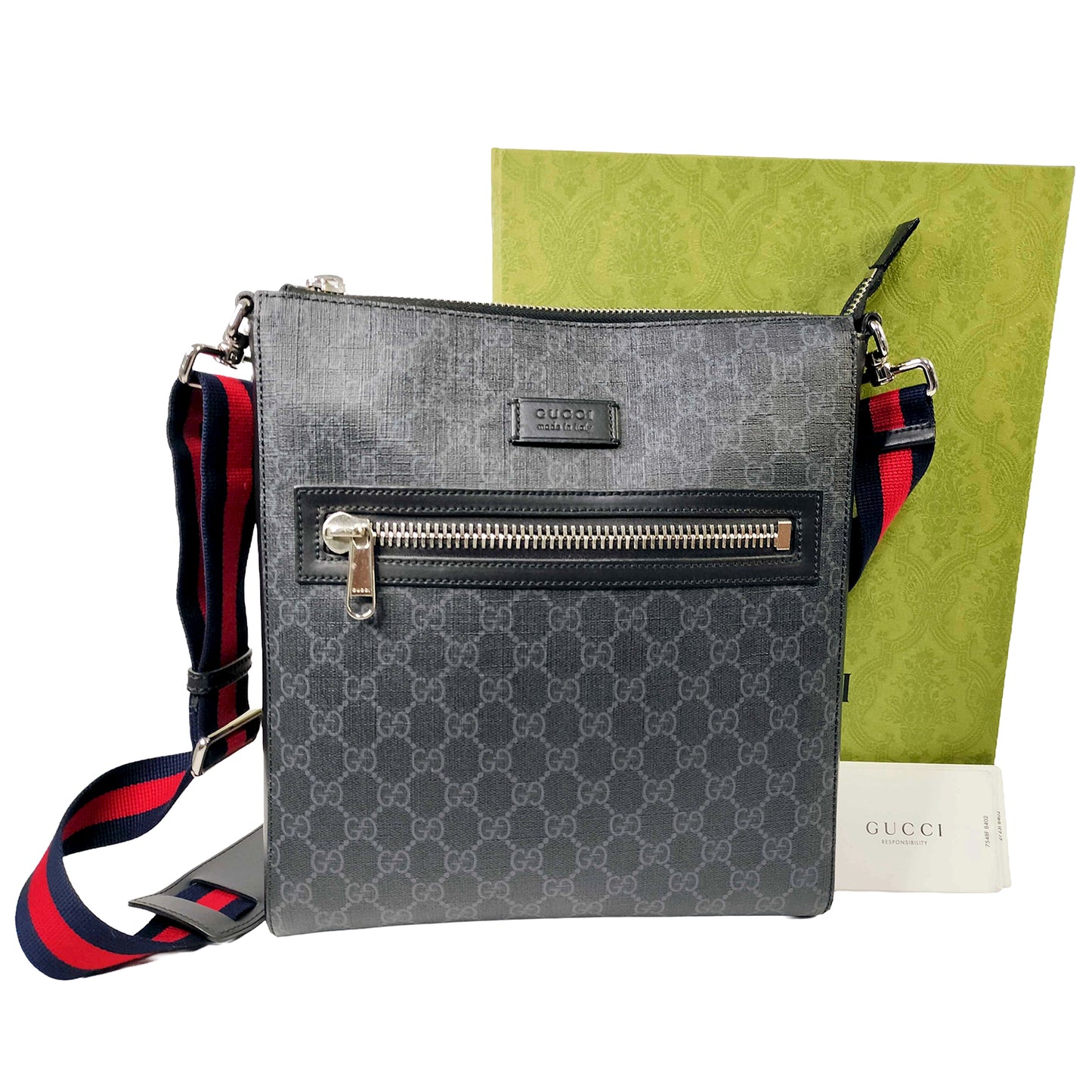 #1200 GUCCI Black GG Supreme Flat Messenger Web Crossbody