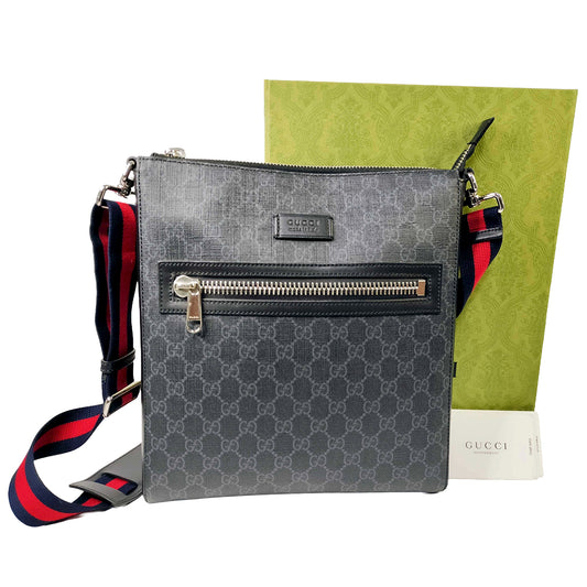 #1200 GUCCI Black GG Supreme Flat Messenger Web Crossbody