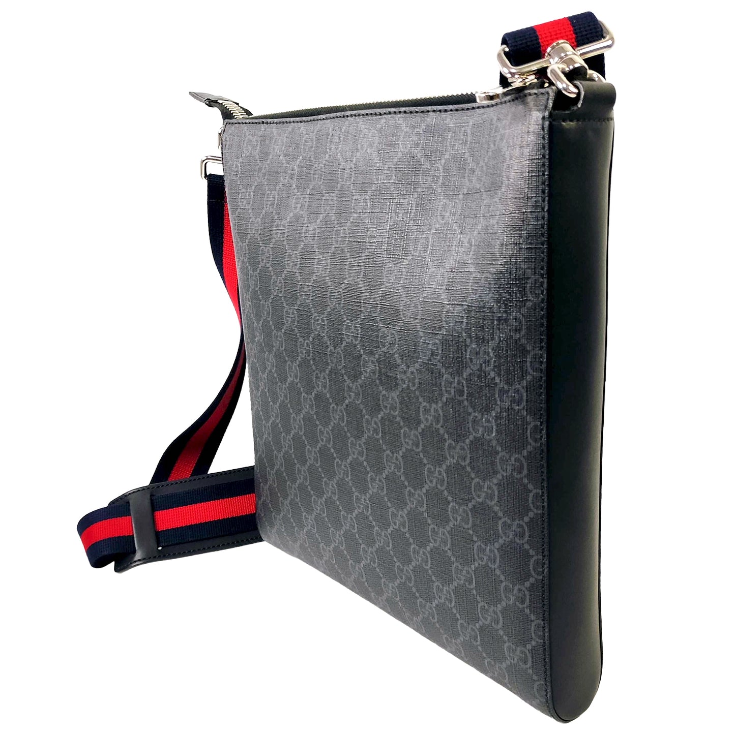 #1200 GUCCI Black GG Supreme Flat Messenger Web Crossbody