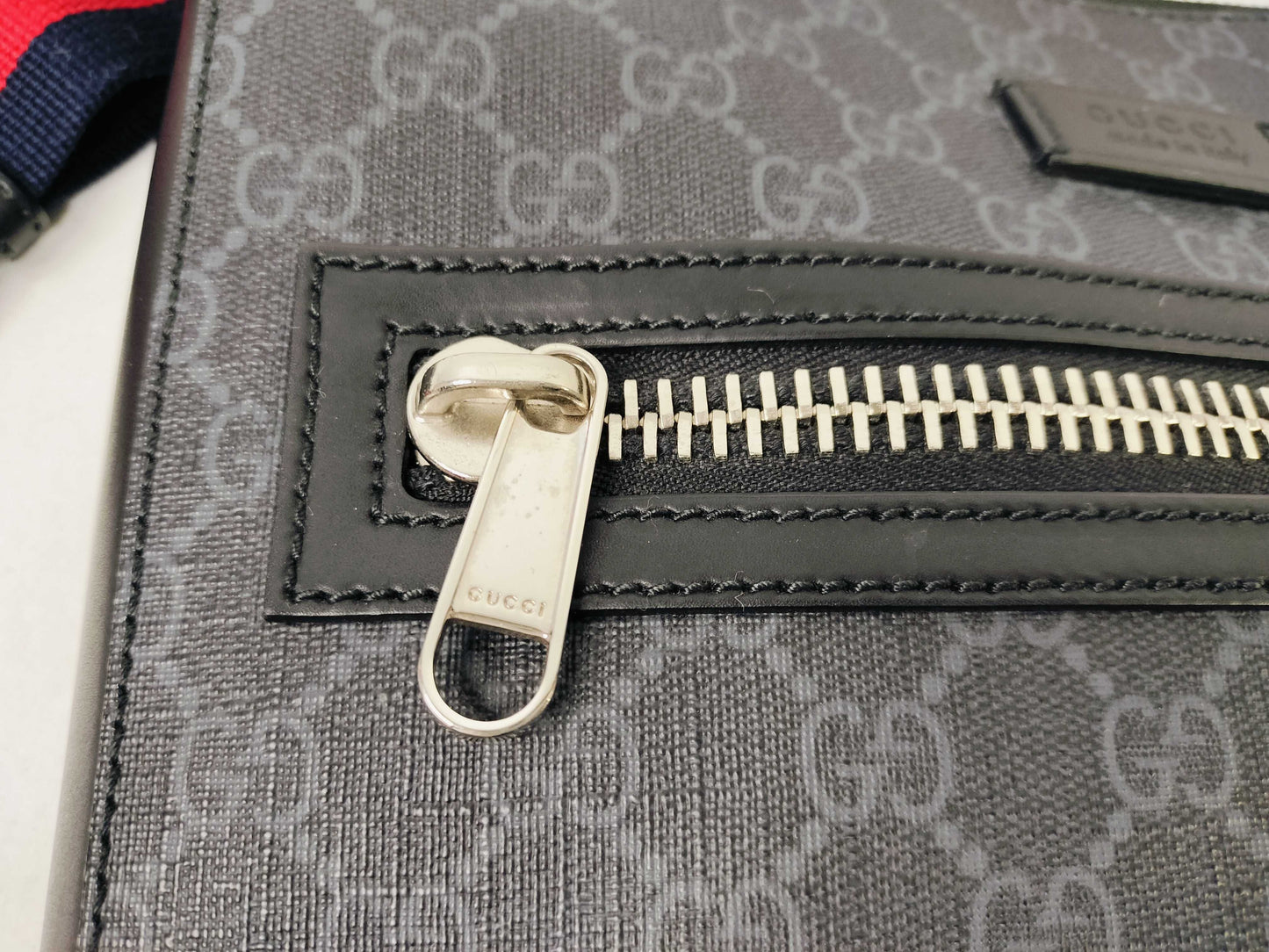 #1200 GUCCI Black GG Supreme Flat Messenger Web Crossbody