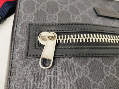 #1200 GUCCI Black GG Supreme Flat Messenger Web Crossbody