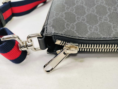 #1200 GUCCI Black GG Supreme Flat Messenger Web Crossbody