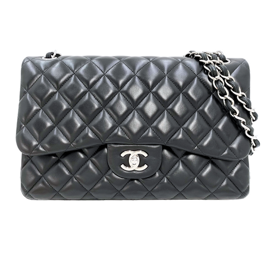 #1197 CHANEL Black Lambskin Matelasse 30cm Double Flap Shoulder Bag