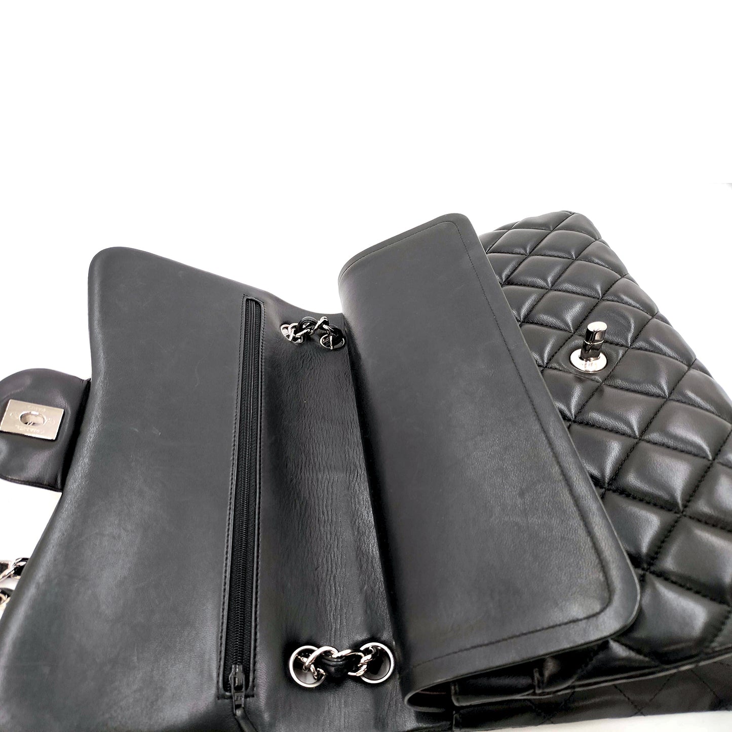 #1197 CHANEL Black Lambskin Matelasse 30cm Double Flap Shoulder Bag