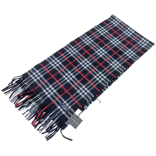 #1350 BURBERRY Navy Check 100% Cashmere Scarf