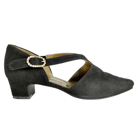 #1311 YVES SAINT LAURENT Vintage Black Suede Cross-strap Rhinestone Buckle Pumps (Size 35.5)
