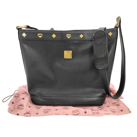 #1149 MCM Studded Black Leather Messenger Crossbody Bag