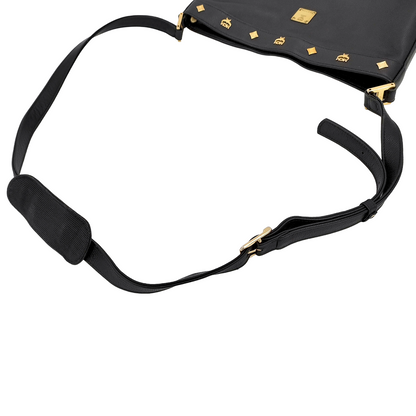 #1149 MCM Studded Black Leather Messenger Crossbody Bag