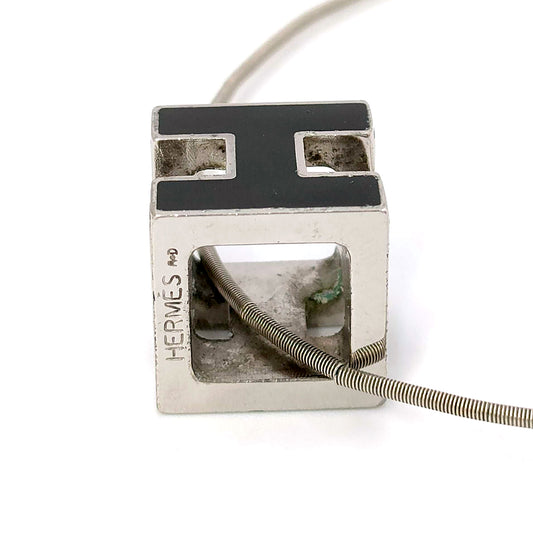 #1230 HERMÈS Black Enamel H Cube Cage d'Ash Silver Metal Necklace