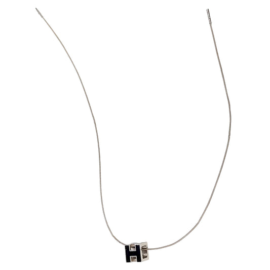 #1230 HERMÈS Black Enamel H Cube Cage d'Ash Silver Metal Necklace