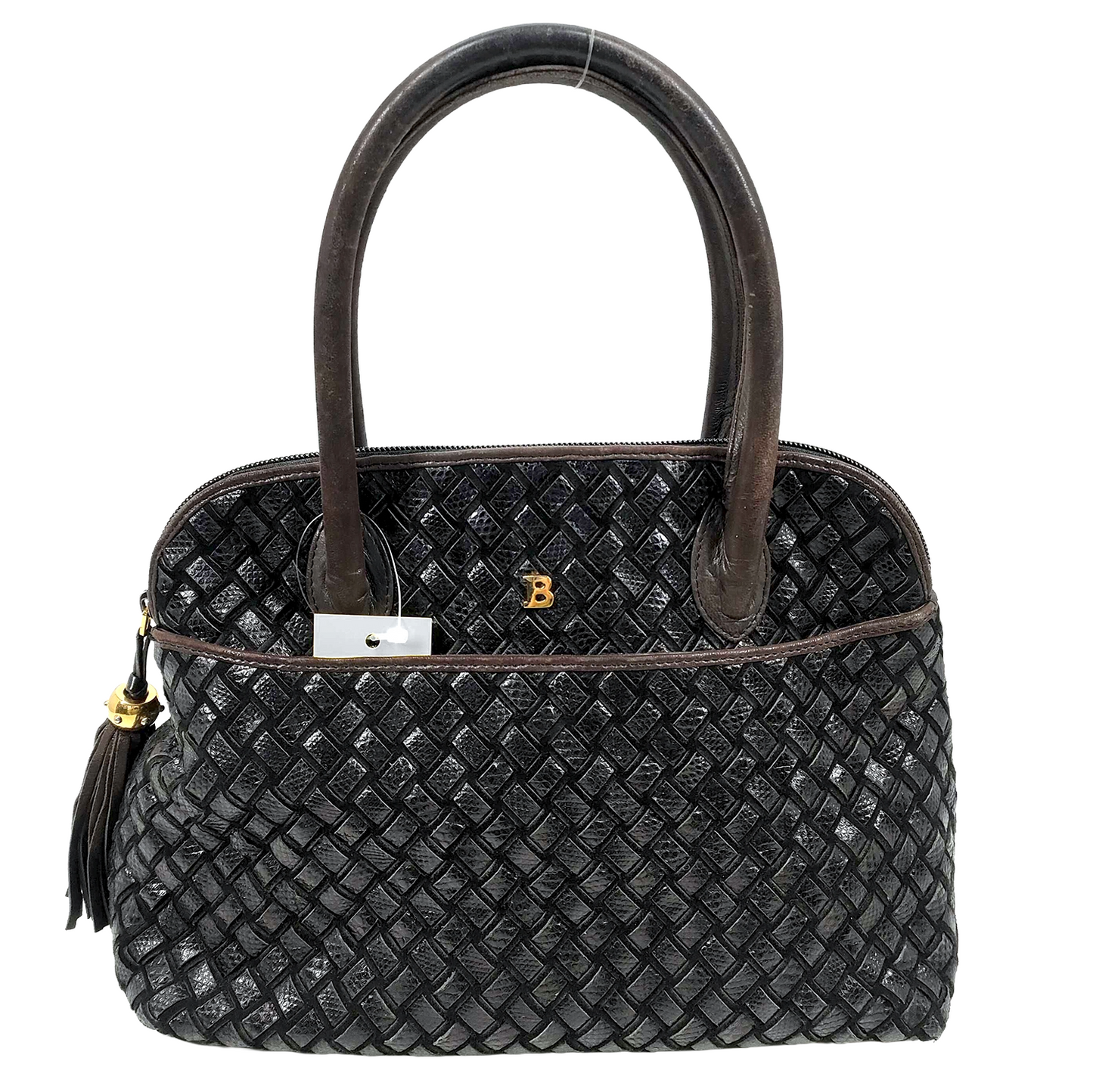 #1310 BALLY Vintage Hand-woven Intrecciato Black & Brown Lambskin & Suede Braided Leather Top Handle Bag