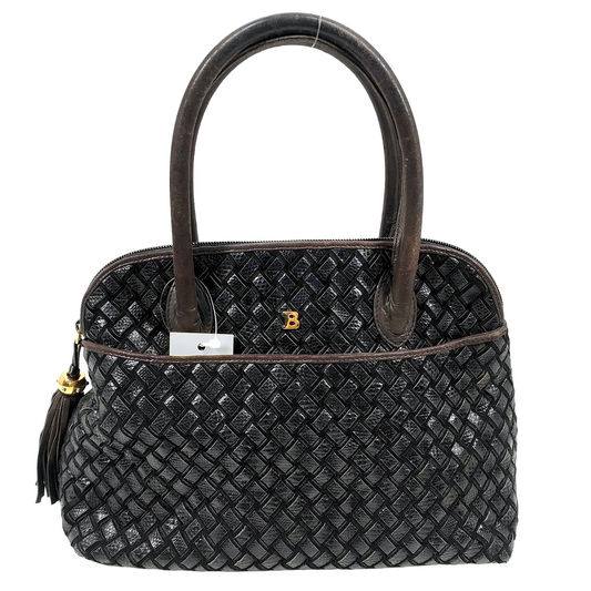 #1310 BALLY Vintage Hand-woven Intrecciato Black & Brown Lambskin & Suede Braided Leather Top Handle Bag
