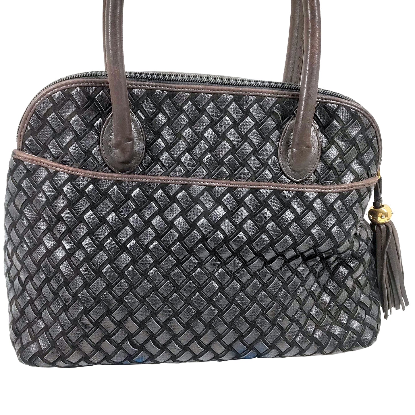 #1310 BALLY Vintage Hand-woven Intrecciato Black & Brown Lambskin & Suede Braided Leather Top Handle Bag
