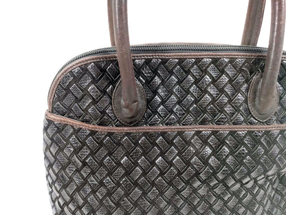 #1310 BALLY Vintage Hand-woven Intrecciato Black & Brown Lambskin & Suede Braided Leather Top Handle Bag
