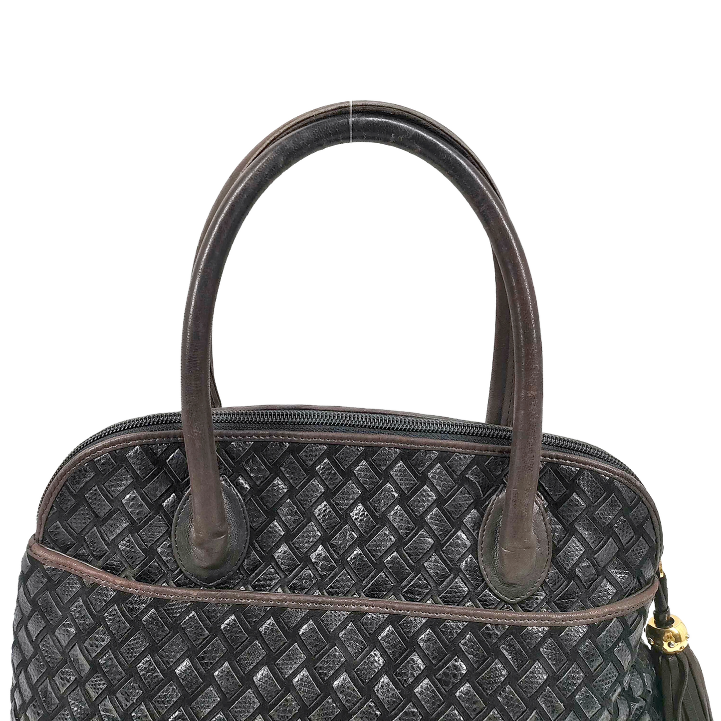 #1310 BALLY Vintage Hand-woven Intrecciato Black & Brown Lambskin & Suede Braided Leather Top Handle Bag