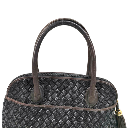 #1310 BALLY Vintage Hand-woven Intrecciato Black & Brown Lambskin & Suede Braided Leather Top Handle Bag