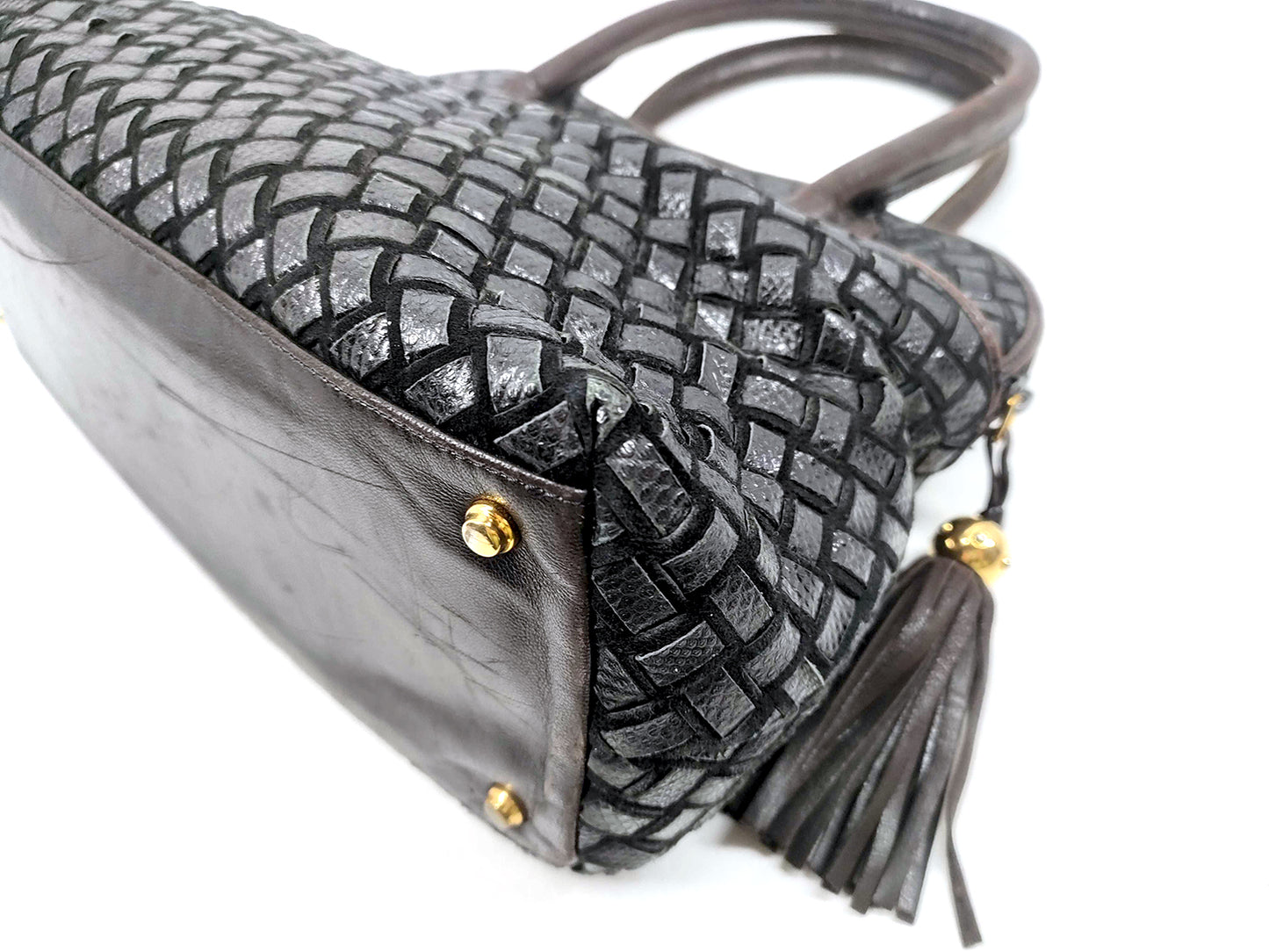 #1310 BALLY Vintage Hand-woven Intrecciato Black & Brown Lambskin & Suede Braided Leather Top Handle Bag