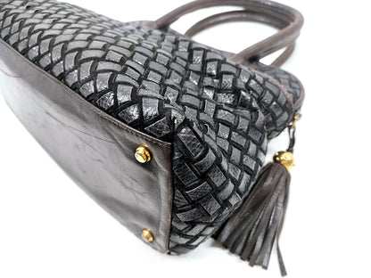 #1310 BALLY Vintage Hand-woven Intrecciato Black & Brown Lambskin & Suede Braided Leather Top Handle Bag