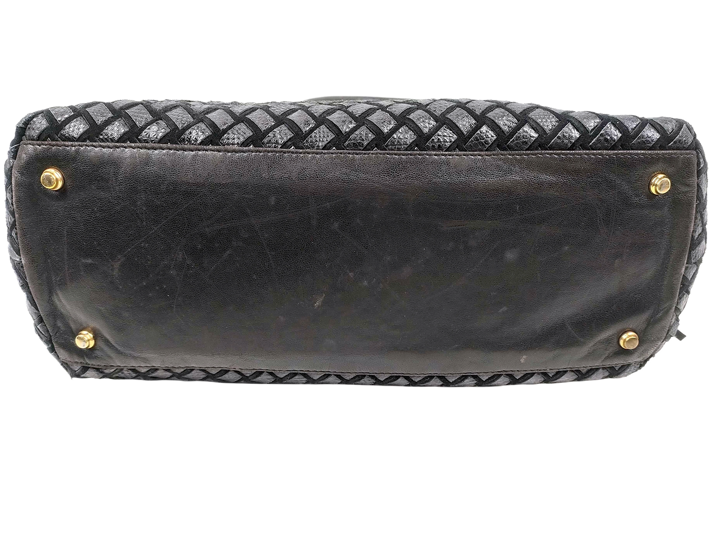 #1310 BALLY Vintage Hand-woven Intrecciato Black & Brown Lambskin & Suede Braided Leather Top Handle Bag