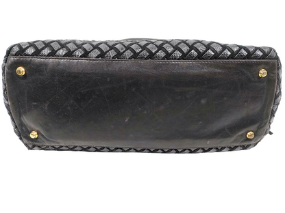 #1310 BALLY Vintage Hand-woven Intrecciato Black & Brown Lambskin & Suede Braided Leather Top Handle Bag