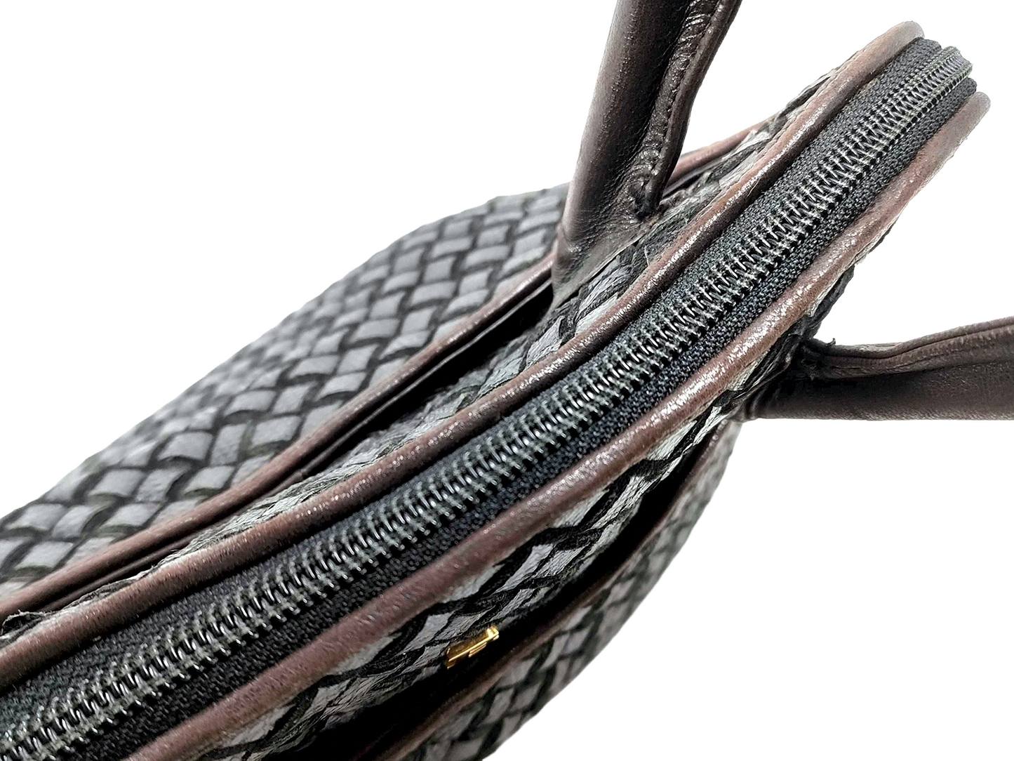 #1310 BALLY Vintage Hand-woven Intrecciato Black & Brown Lambskin & Suede Braided Leather Top Handle Bag