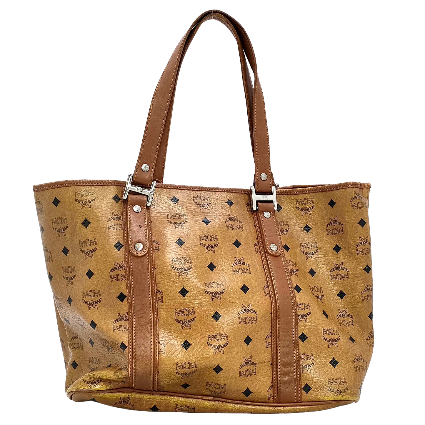 #1138 MCM Shoulder Tote in Cognac Visetos (Lipstick Staining)