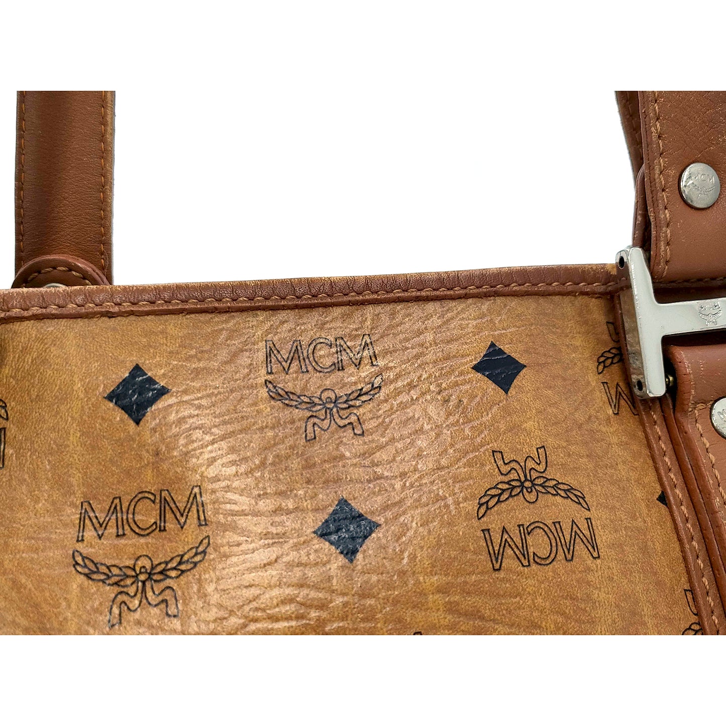 #1138 MCM Shoulder Tote in Cognac Visetos (Lipstick Staining)