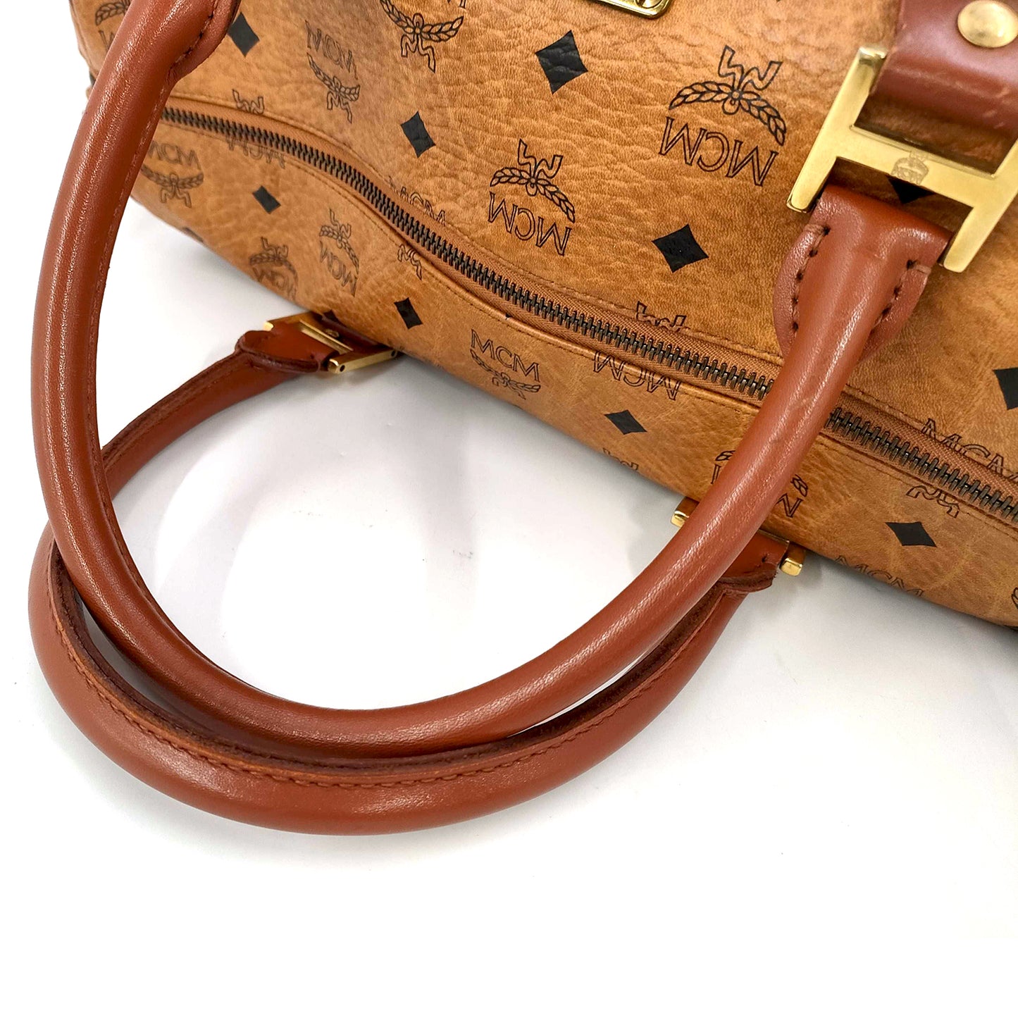 #1141 MCM Boston 34 Bag in Cognac Visetos