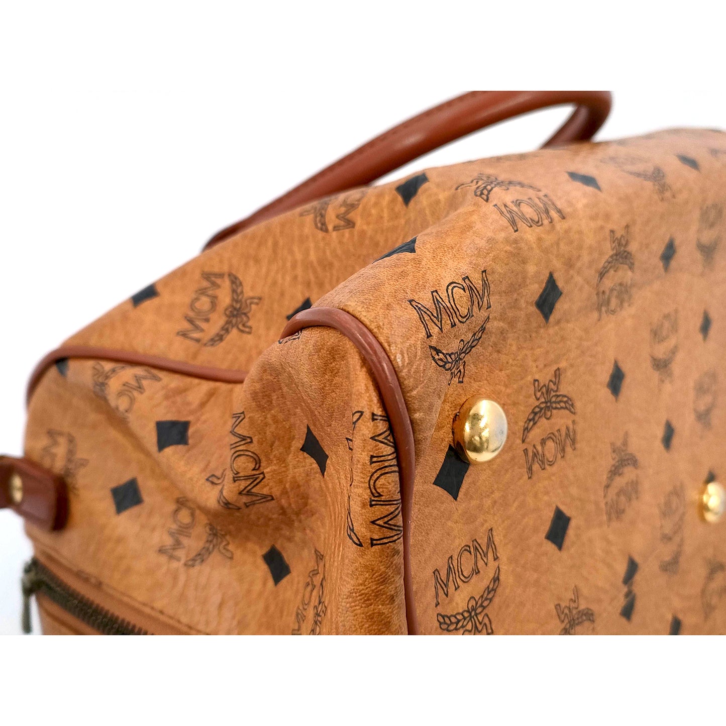 #1141 MCM Boston 34 Bag in Cognac Visetos