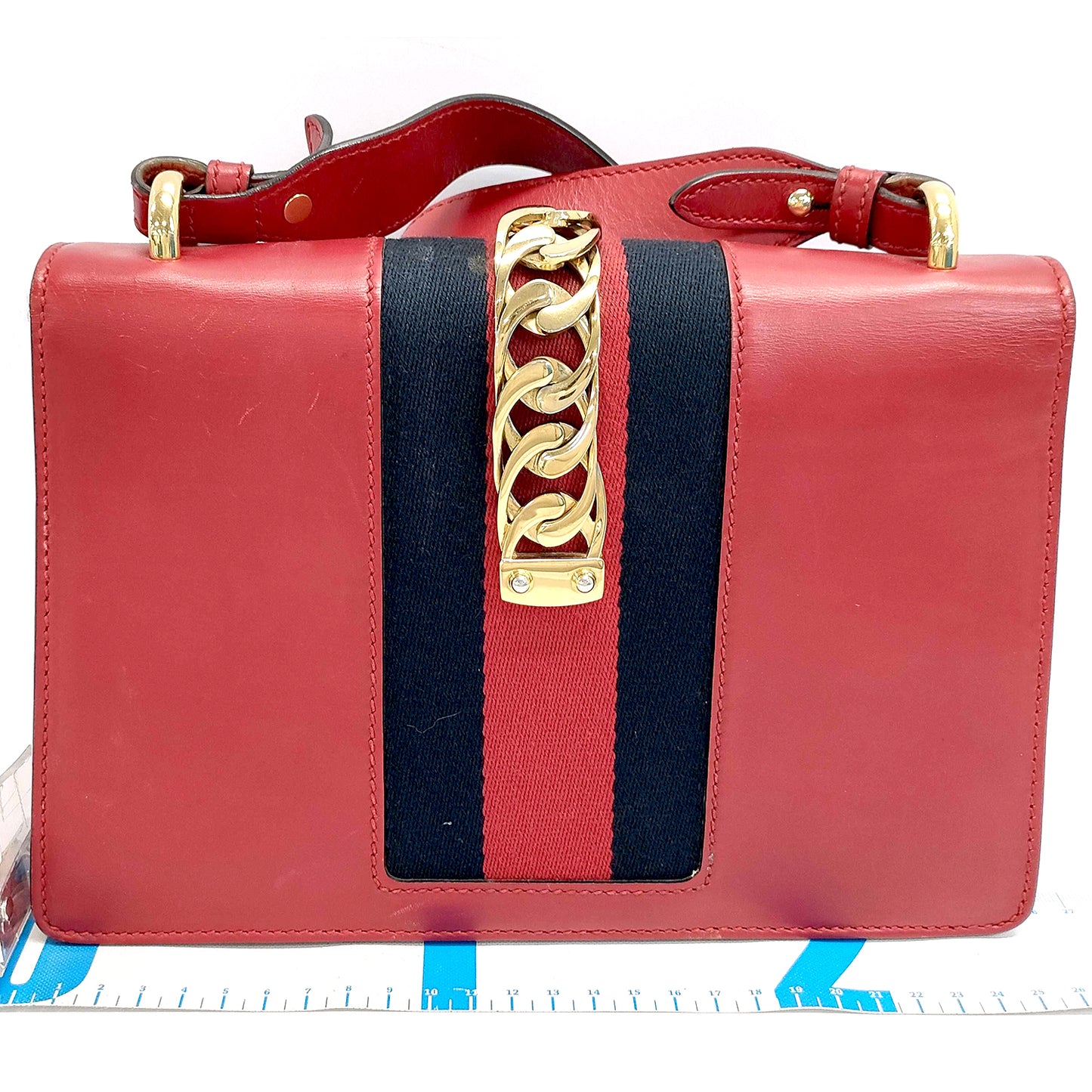 #1380 GUCCI Web Sylvie Medium Red Calfskin Leather Shoulder Bag