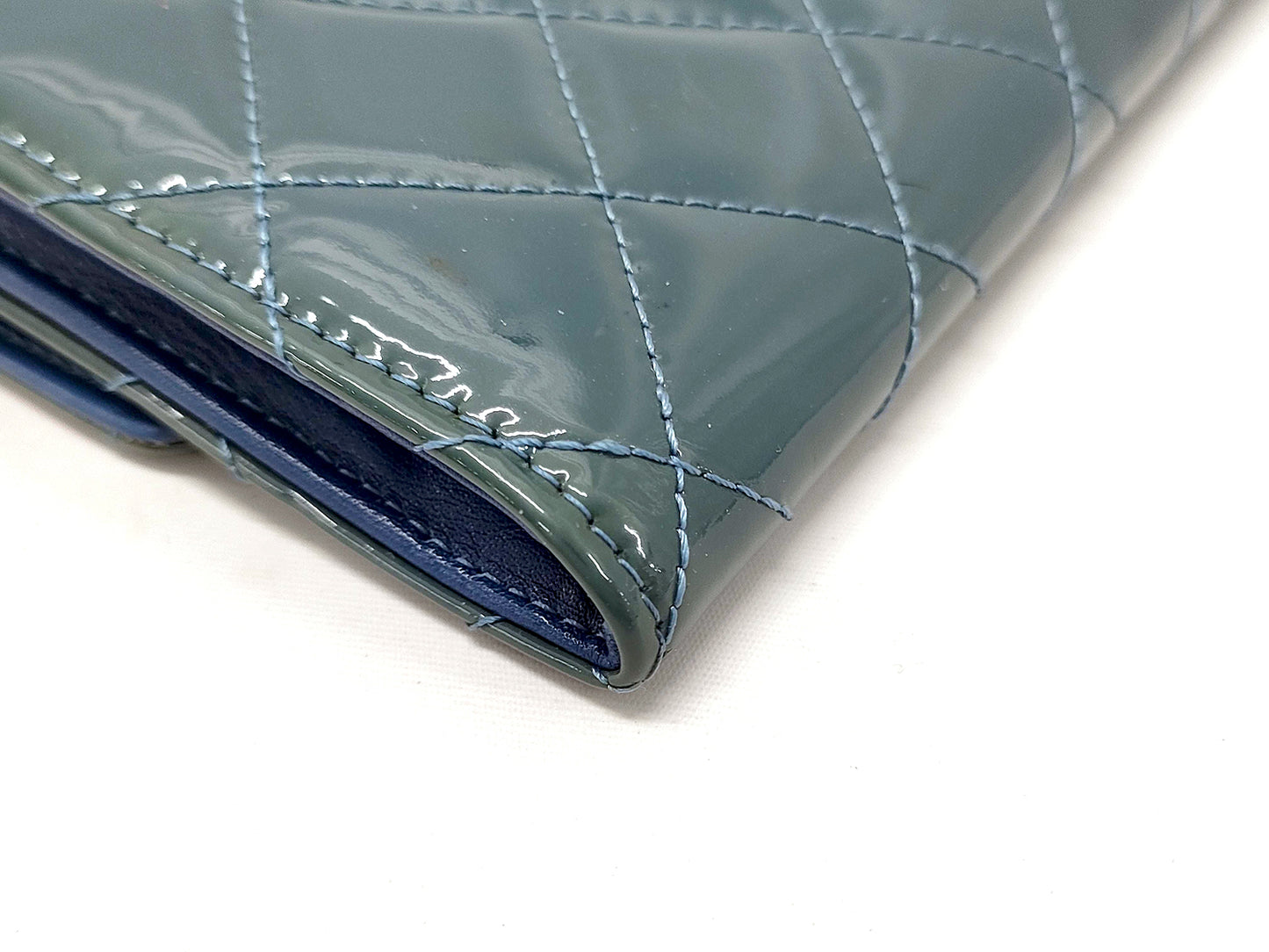 #1386 CHANEL Teal Blue Patent Leather Matelassé Continental Wallet