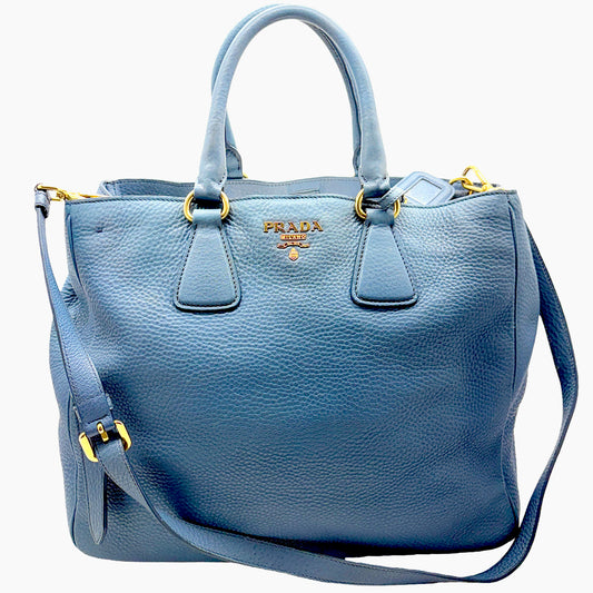 #1192 PRADA Voyage Blue Vitello Daino Leather Convertible Tote