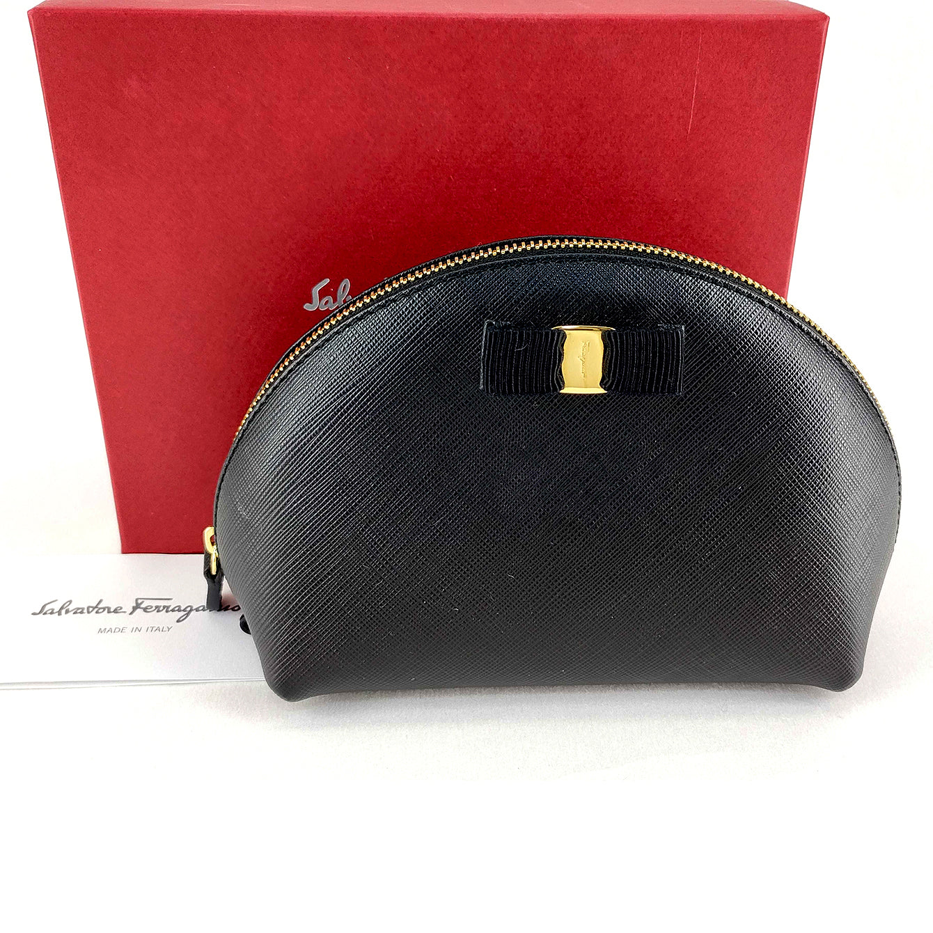 #1205 SALVATORE FERRAGAMO Black Saffiano Leather Vala Ribbon Cosmetic Pouch