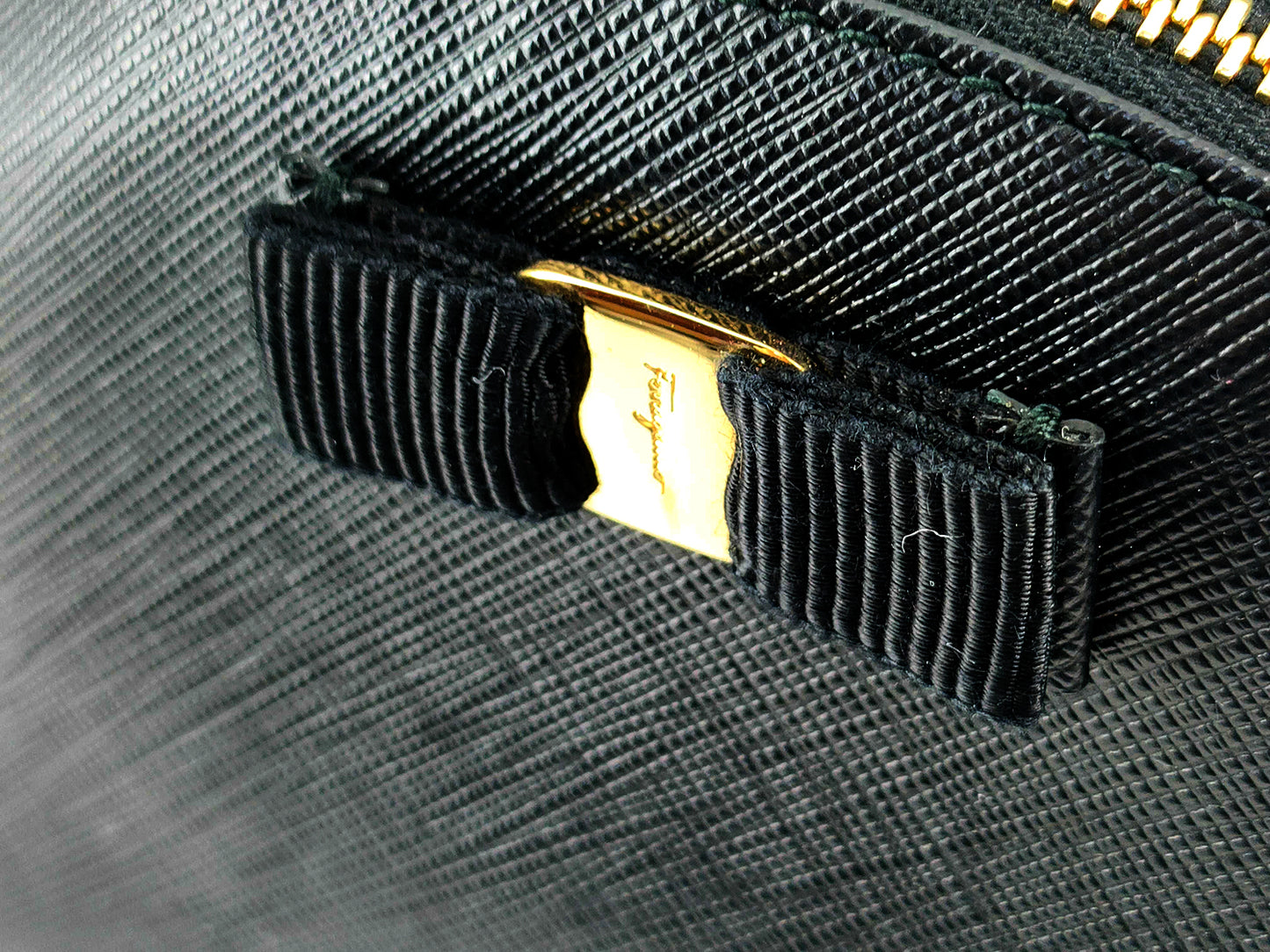 #1205 SALVATORE FERRAGAMO Black Saffiano Leather Vala Ribbon Cosmetic Pouch