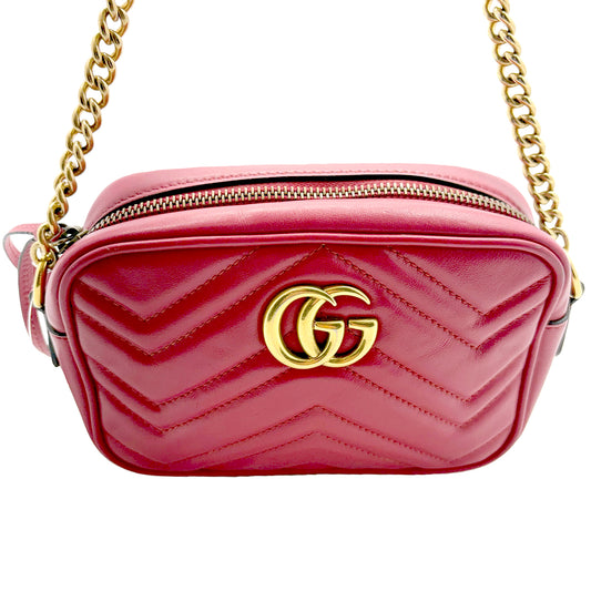 #1495 GUCCI GG Marmont Red Leather Matelassé Chevron Crossbody Bag