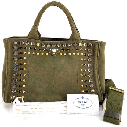 #1498 PRADA Bijoux Canapa Green Canvas Medium Tote