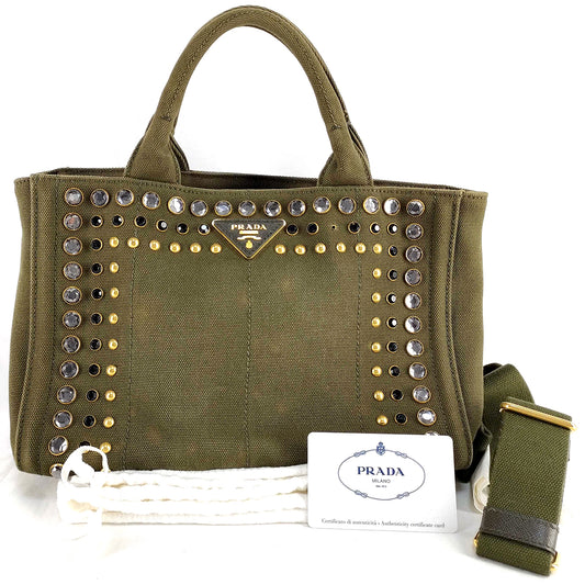 #1498 PRADA Bijoux Canapa Green Canvas Medium Tote