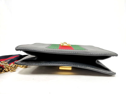 #1381 GUCCI Web Sylvie Mini Navy Blue Calfskin Leather Shoulder Bag