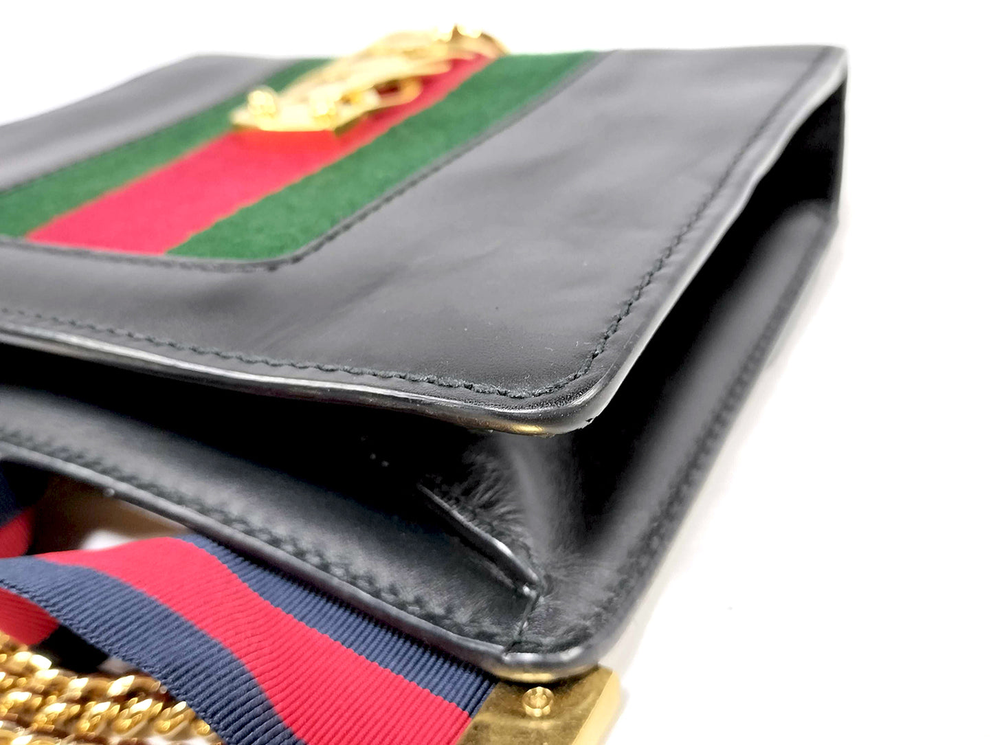 #1381 GUCCI Web Sylvie Mini Navy Blue Calfskin Leather Shoulder Bag