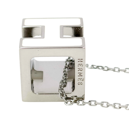 #1391 HERMÈS White Enamel H Cube Cage d'Ash Silver Metal Necklace