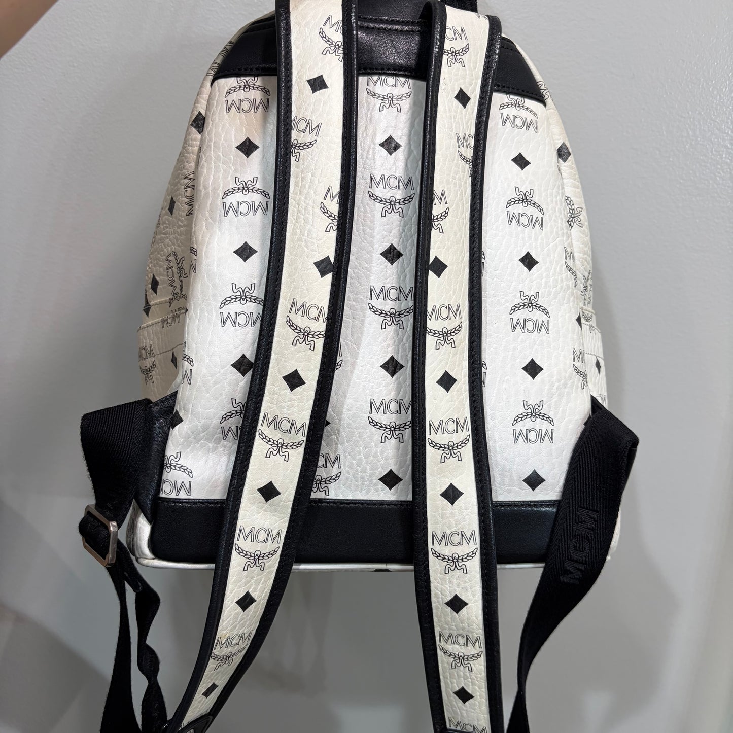 #1122 MCM White Visetos Hermosa Backpack w/ Removable Pouch