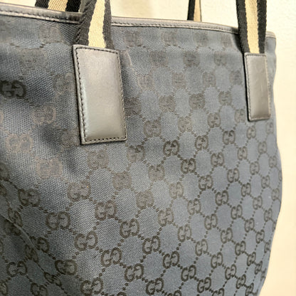 #8200 GUCCI Black GG Canvas Leather Web Tote
