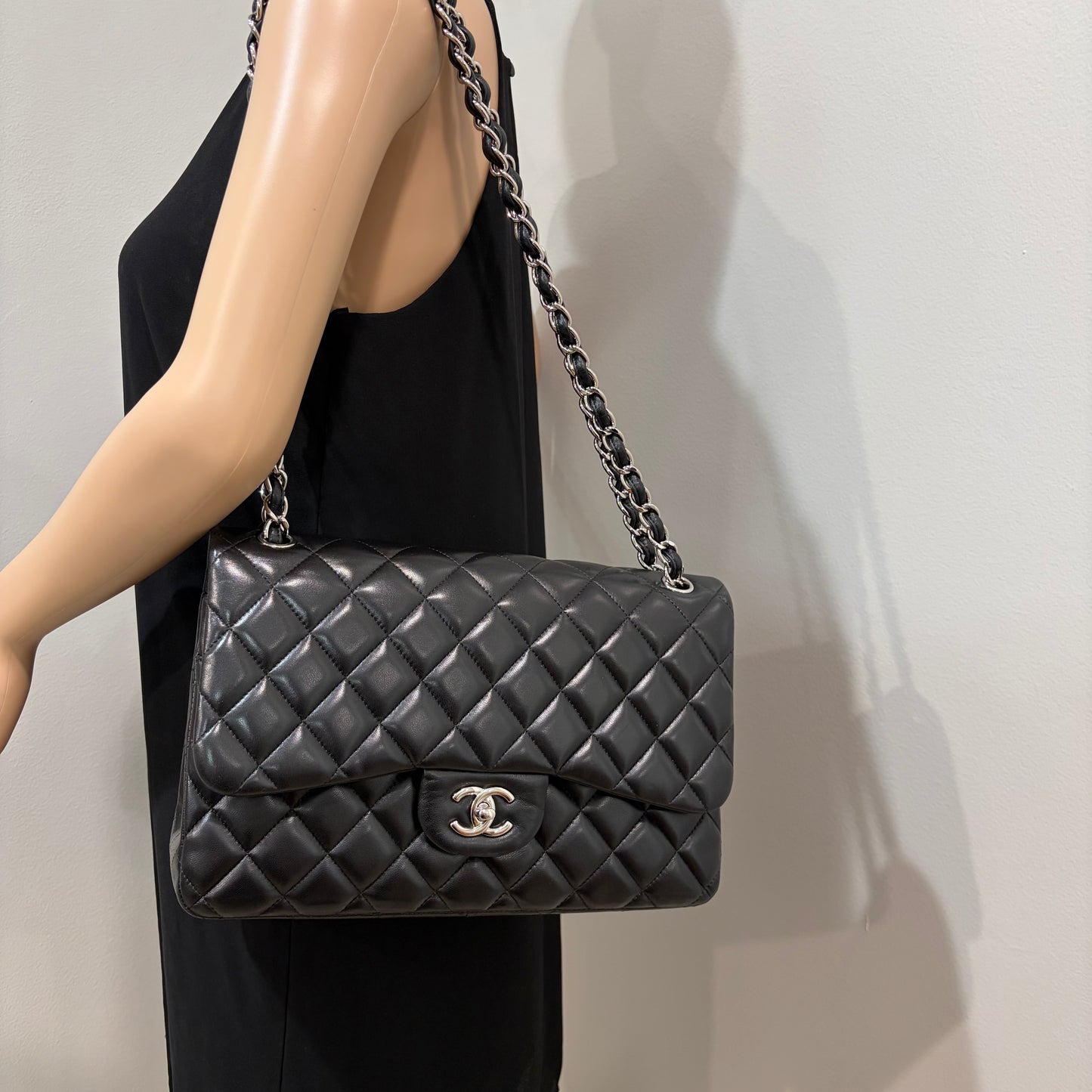 #1197 CHANEL Black Lambskin Classic Jumbo Double Flap Bag