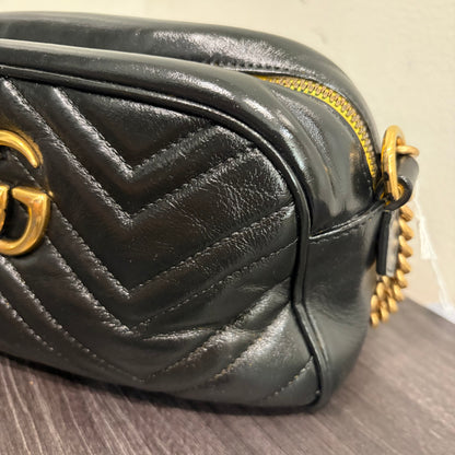 #1182 GUCCI GG Marmont Black Leather Matelassé Chevron Crossbody Bag