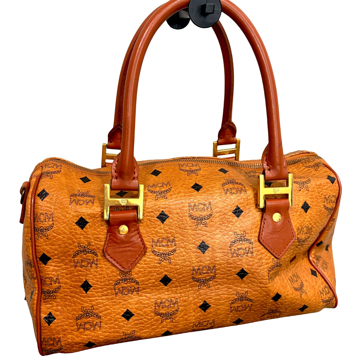 1215-03 MCM Cognac Visetos Coated Canvas & Leather Boston Bag