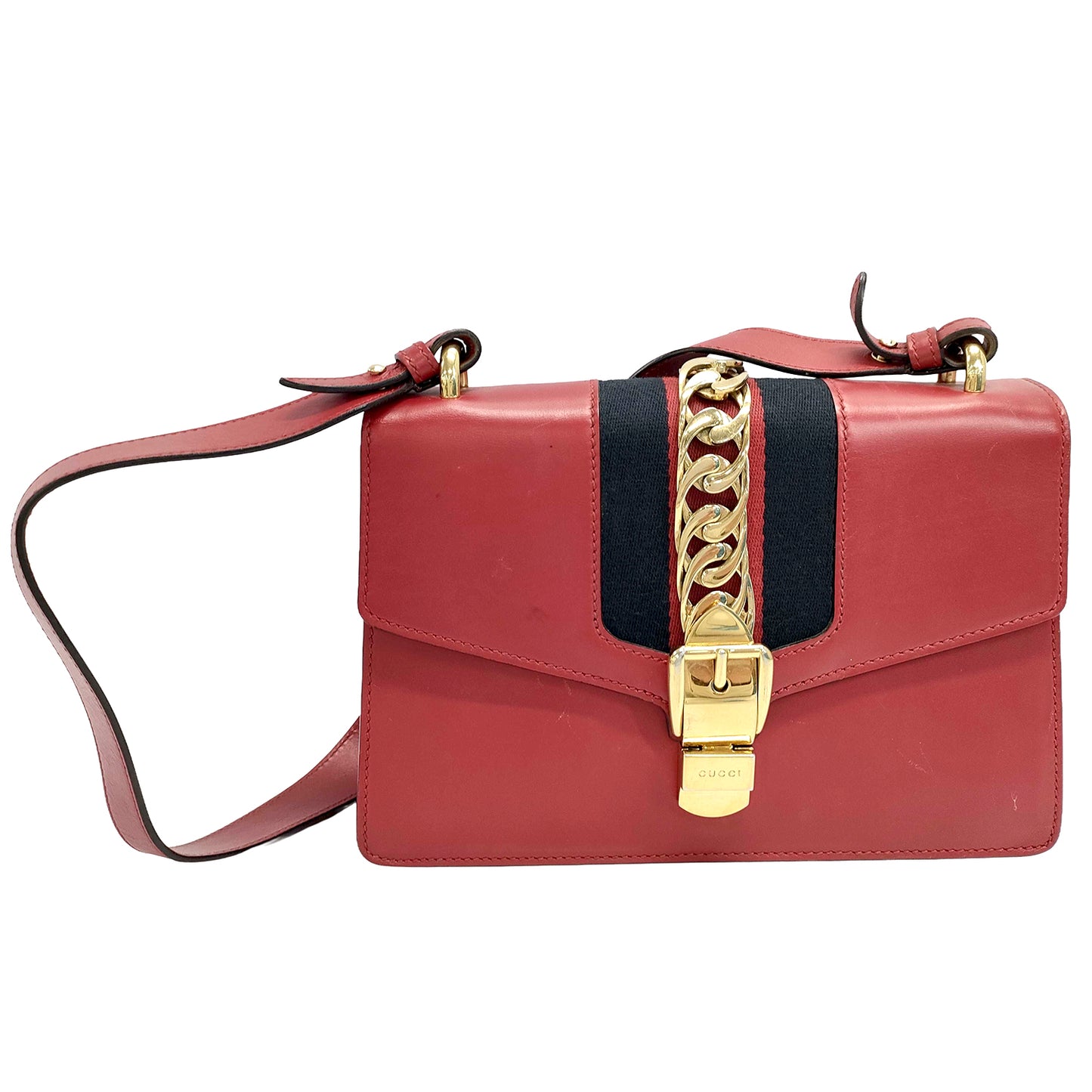 #1380 GUCCI Web Sylvie Medium Red Calfskin Leather Shoulder Bag